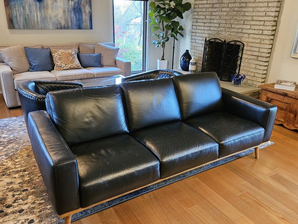 88" Black Leather Couch For Sale
