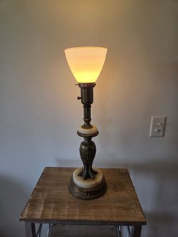 Vintage Rembrandt Torchiere Table Lamp Milk Glass Shade, Brass & Marble Base