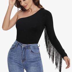 NWT🏷 1 Sleeve Off The Shoulder Black Fringe Top 🖤 