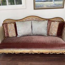 Ashley Upholstered Golden Trim Sofa with 4 Pillows 92” Long