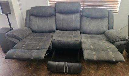 Reclining Couch With Outlet, Cup Holder Drop Table & Storage