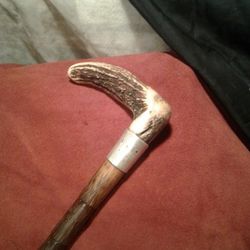 Antique Stag Antler Handle Smooth Bamboo Shaft Sterling Collar And Ferrule