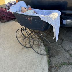 Antique Victorian Carriage  Baby Doll Stroller Buggy Rare