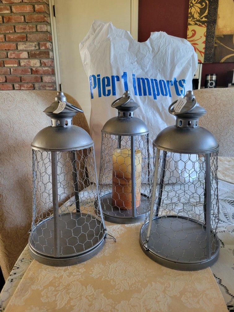 3 Decorative Metal And Wire Hang Or Stand Candle Holders. Also Cute With A Small Plant. Not Used.