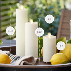 Luminara Outdoor Slim Pillar Flameless LED Candle, Set of 3 Ivory, Moving Flame Weather Resistant Remote Timer Ready Battery Operated Safe Melted Edge