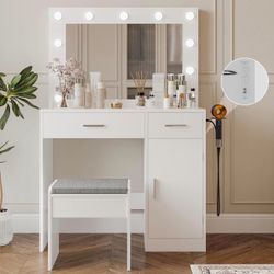 Vanity Desk with Mirror, Large Drawer and Power Socket with 11 Light Bulbs and 3 Adjustable Lighting Modes, Vanity Table Ideal for Bedroom (White)