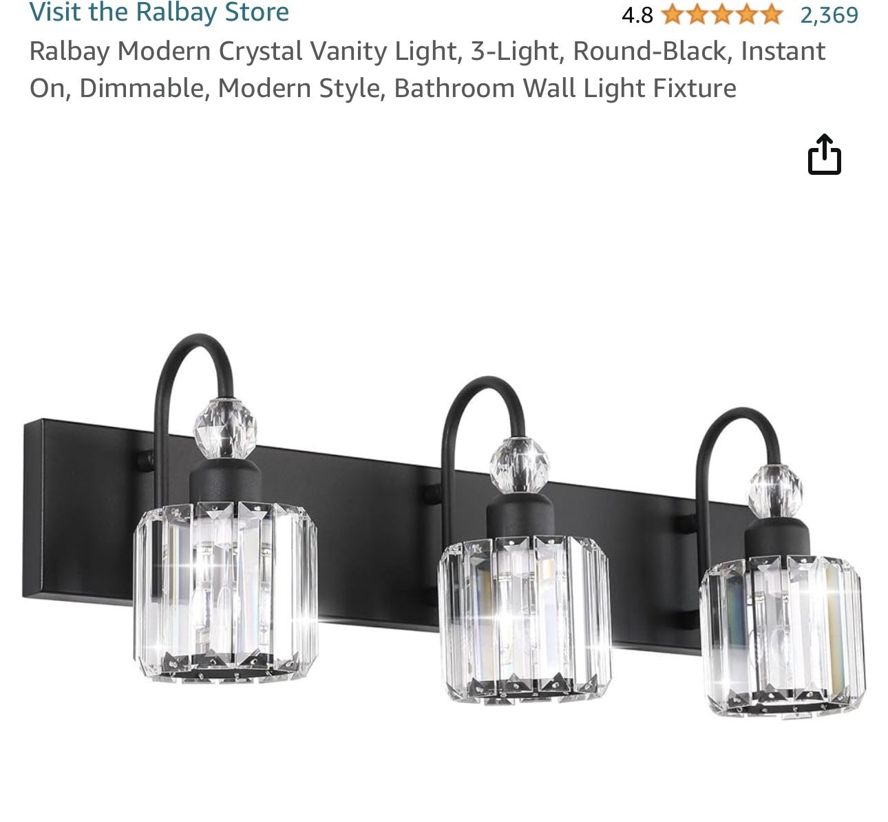 Ralbay Modern Crystal Vanity Light, 3-Light, Round-Black, Instant On, Dimmable, Modern Style, Bathroom Wall Light Fixture