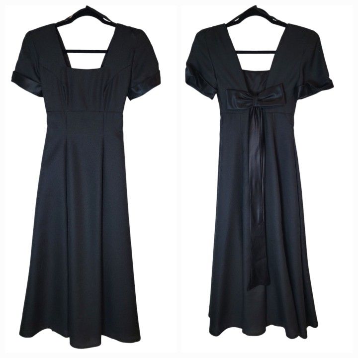 Size 2 Black Dress Formal Bridesmaid Cocktail Empire Waist Sateen Bow And Trim