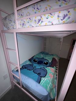 Pink metal bunk bed frame + mattresses