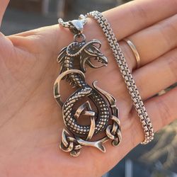 Cool Mens Viking Celtic Dragon Vintage Pendant Stainless Steel Necklace For Men