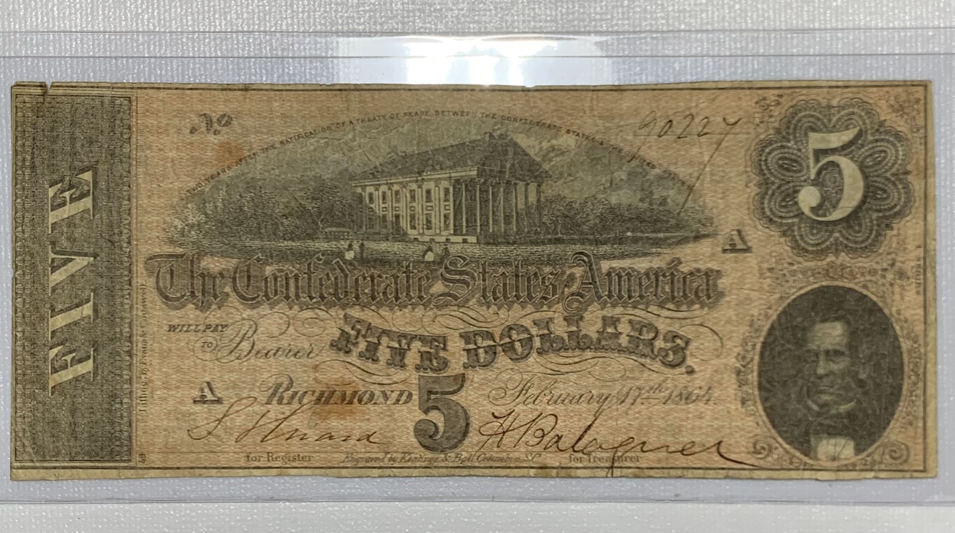 ~1864 Confederate States of America $5 Five Dollars - Civil War Note