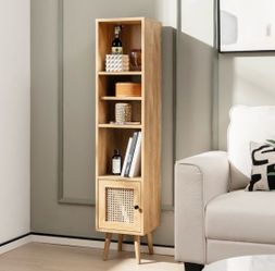 Storage Cabinet Freestanding Slim Mid-Century Modern Tall Storage Cabinet with Rattan door