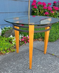 Round Glass Top Side Table with Wood Legs