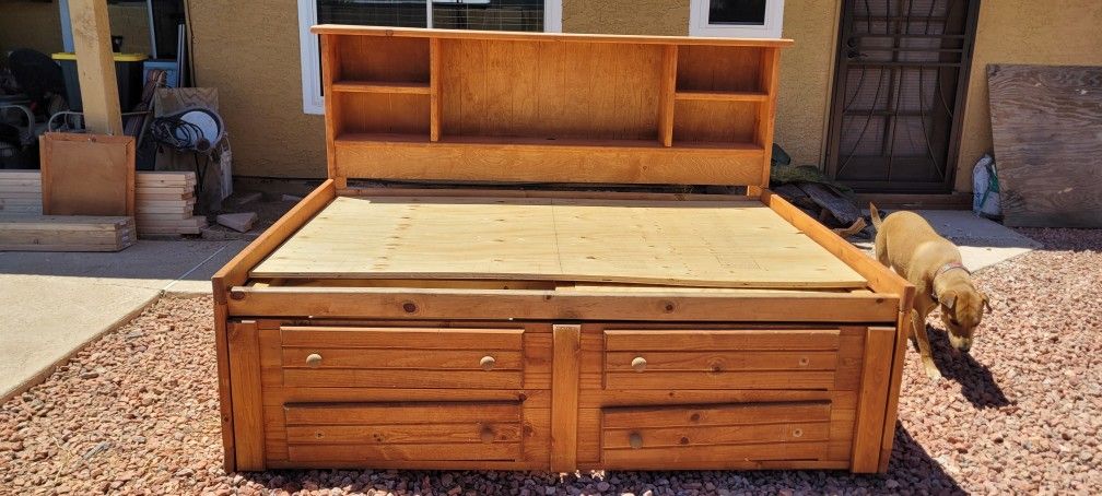 Wooden Bed Frame With 4 Drawers, Book Shelves And Storage Underneath