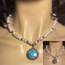 Vintage Sterling Silver Genuine Pearl Turquoise & Marcasite Locket Necklace 925
