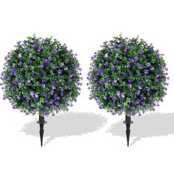Set of 2 Artificial Purple Flower Topiary Ball Trees with Ground Spike with UV Resistant, Fake Shrub