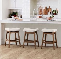 Dycanpo Farmhouse Style Beige Faux Leather Saddle Seat Counter Height Barstools 24" Height, Set of 3
