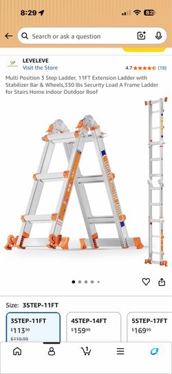 Multi Position 3 Step Ladder, 11FT Extension Ladder with Stabilizer Bar & Wheels,330 lbs Security Load A Frame Ladder for Stairs Home Indoor Outdoor R