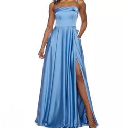 Light Blue sleeveless gown features a folded square neckline, an elegant bow  in the back / SIZE 13-14 / Wedding/ Bridesmaids/Prom / Party dress