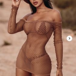 Large Beach Please Fishnet Dress Cover Up - Nude