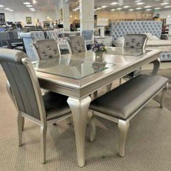 Silver Dining Room Set Table 4 Chairs and Bench Caldvell