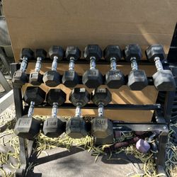 5-30lb Hex Rubber Dumbbell Set With Rack