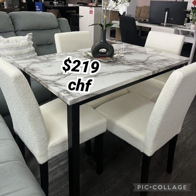 White 5 Piece Faux Marble Top Dining Table Set // October Sale !