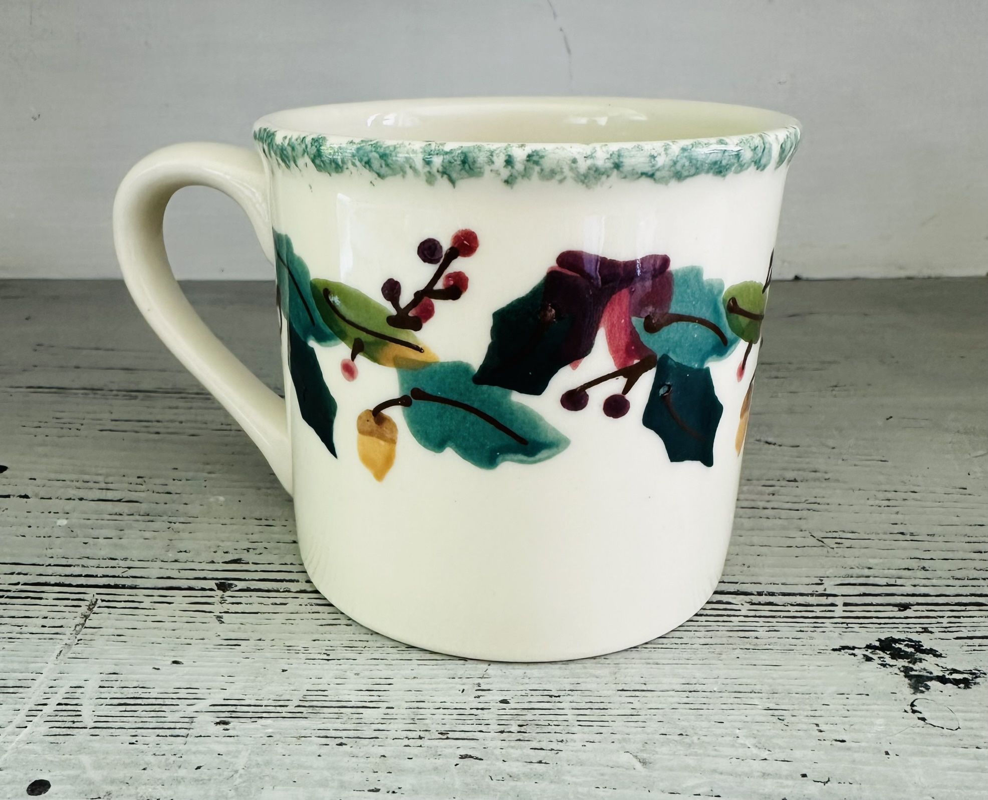 Vintage 80s Hartstone Pottery Large 15 Oz. Mug. Fall leaves, berries and acorns design goes all The way around. Hand Painted and artist signed.