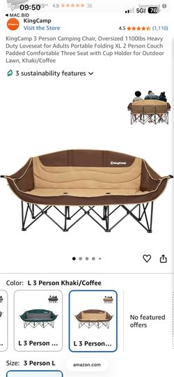 KingCamp 3 Person Camping Chair, Oversized 1100lbs Heavy Duty Loveseat for Adults Portable Folding XL 2 Person Couch Padded Comfortable Three Seat wit