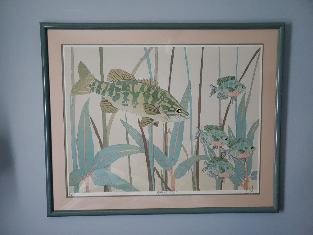 ORIGINAL Dan Goad large Silk Screen print / serigraph
Bass With Sunfish
Hand signed A/P (Artist Proof)