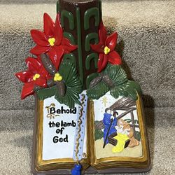 Vintage ATLANTIC MOLD Christmas Candle + Bible "Behold the Lamb of God" LIGHT
