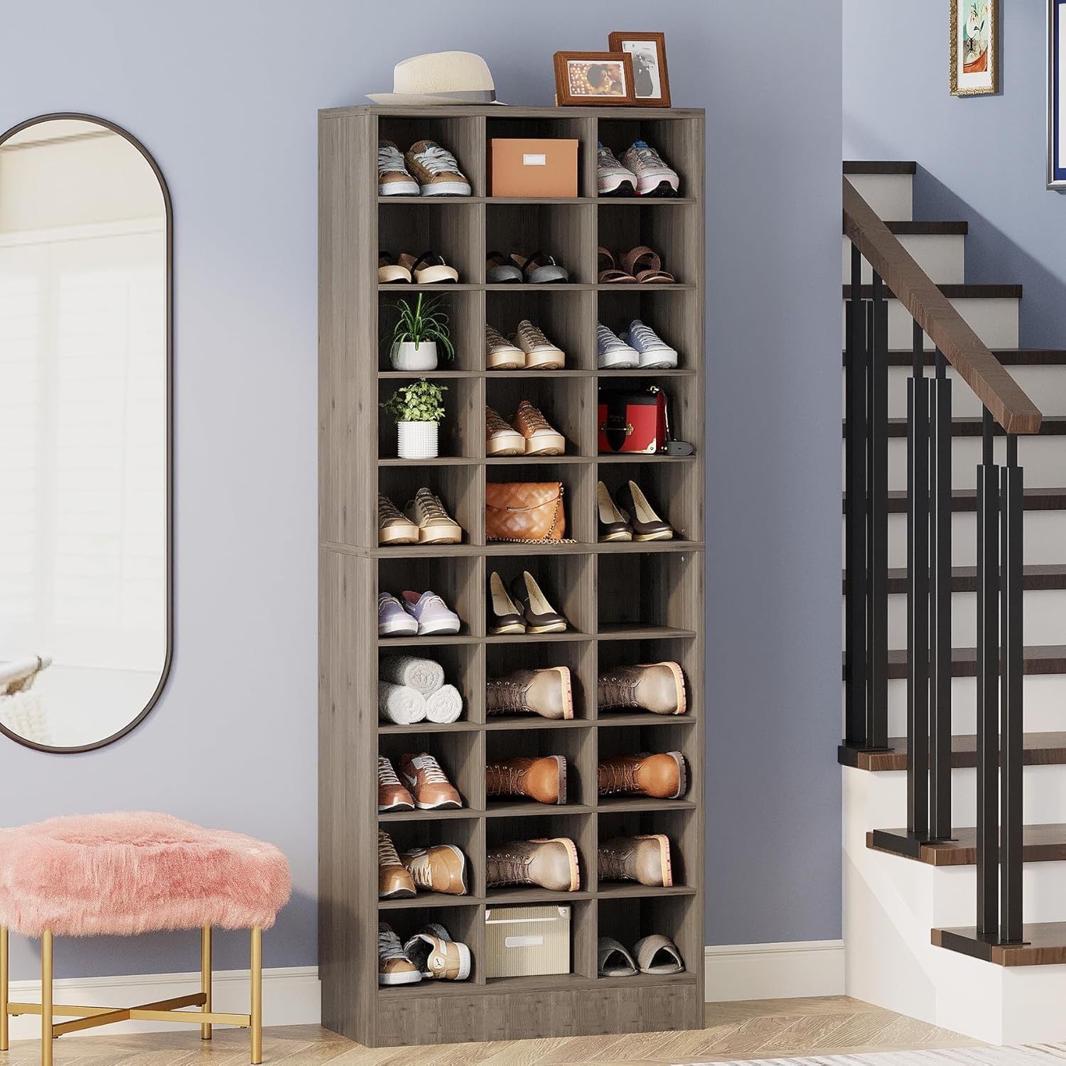 10-Tier Shoe Storage Cabinet, Gray Wooden Shoe Rack with 30 Cubbies, Freestanding Tall Entryway Shoe Organizer for Closet, Entryway, Living Room