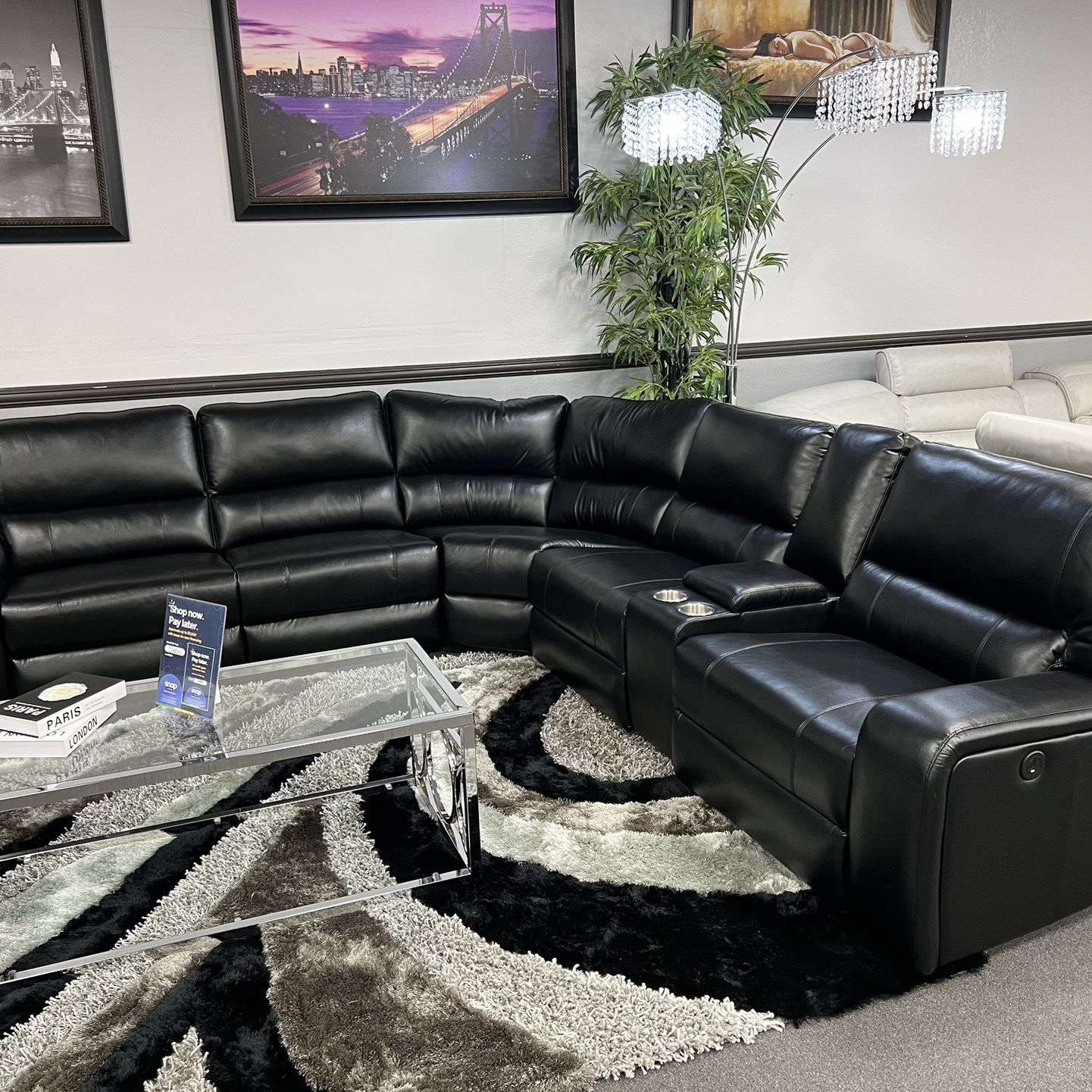 Black Leather Sofa Sectional w/ Power Motion Recliners & USB Ports 