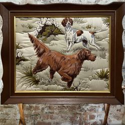 Vintage 1960’s Framed Stuffed Fabric Hunting Dogs Wall Art 26.5” x 20.5” 