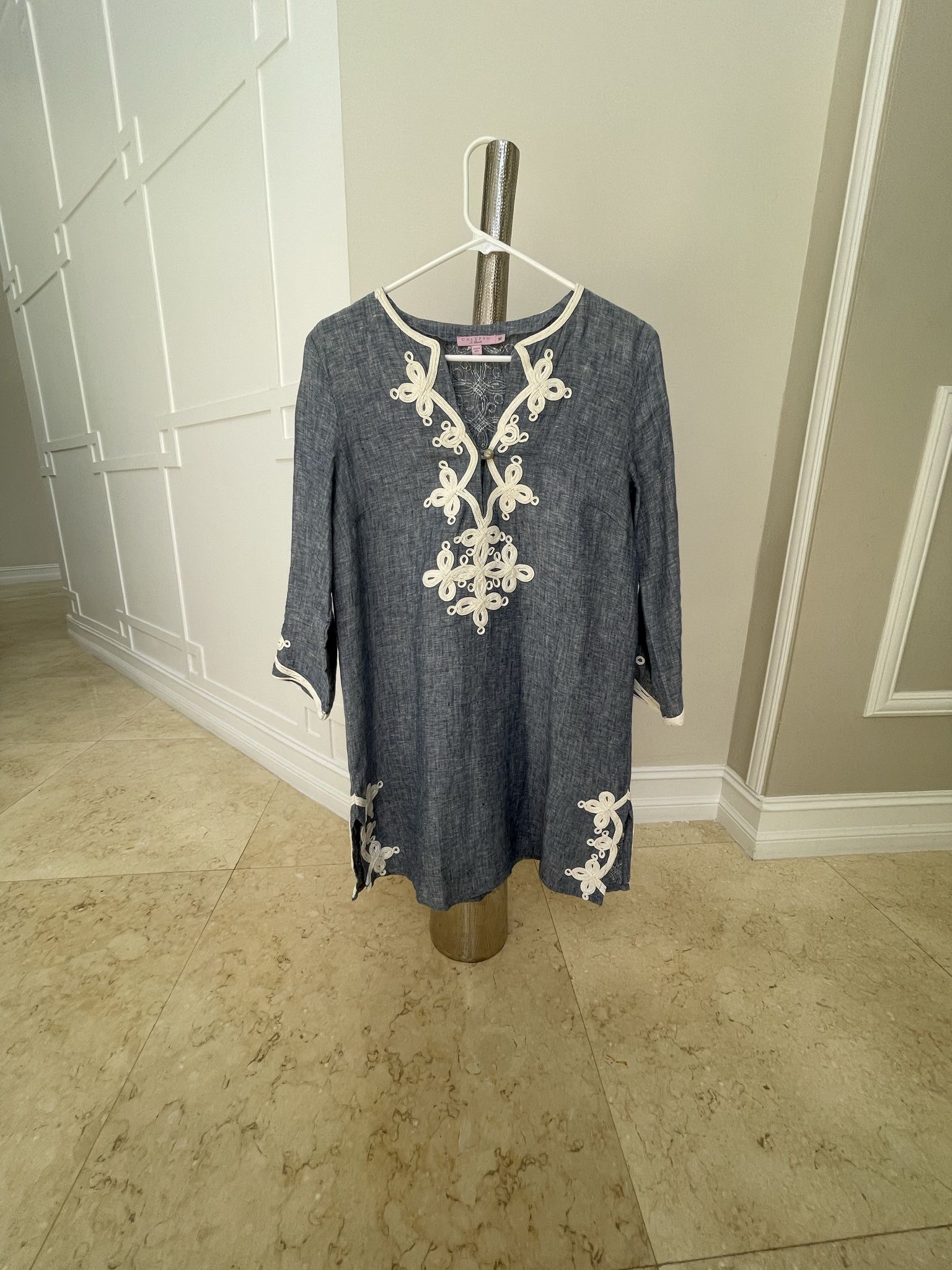 Calypso St. Barth Blue linen and White Embroidered  Tunic/Cover Up Size M