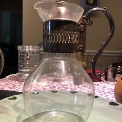 Vintage Corning Glass Coffee Pot Carafe Pitcher w/ Silver Plate Handle and Lid   