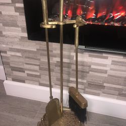 Mid Century Modern 1970s Modernist Fireplace Tools Set Solid Brass Ducks Heads