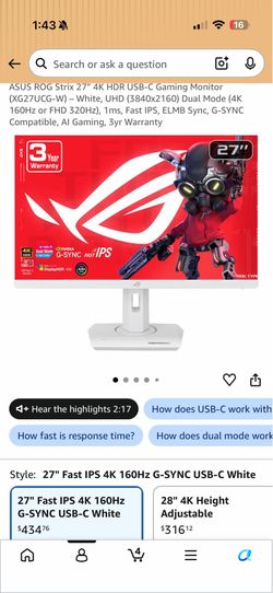 Asus 27 inch 4k 160hz/ 1080p 320 hz monitor