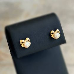 14k yellow gold stud white natural pearl bow earrings 1.90g