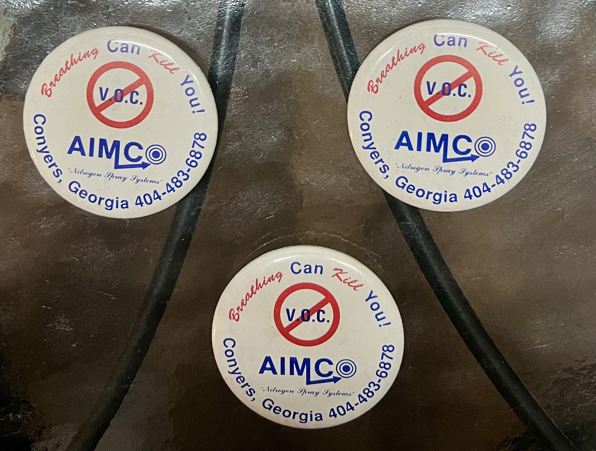 (3)Aimco Nitrogen Spray Systems “Breathing Can Kill You!” Pinback Buttons 2.25”