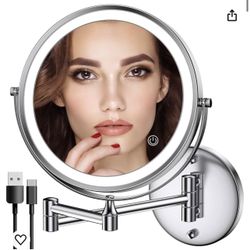 Rechargeable Wall Mounted Lighted Makeup Mirror Chrome, 8 Inch Double-Sided LED Vanity Mirror 1X/10X Magnification,3 Color Lights Touch Screen Dimmabl