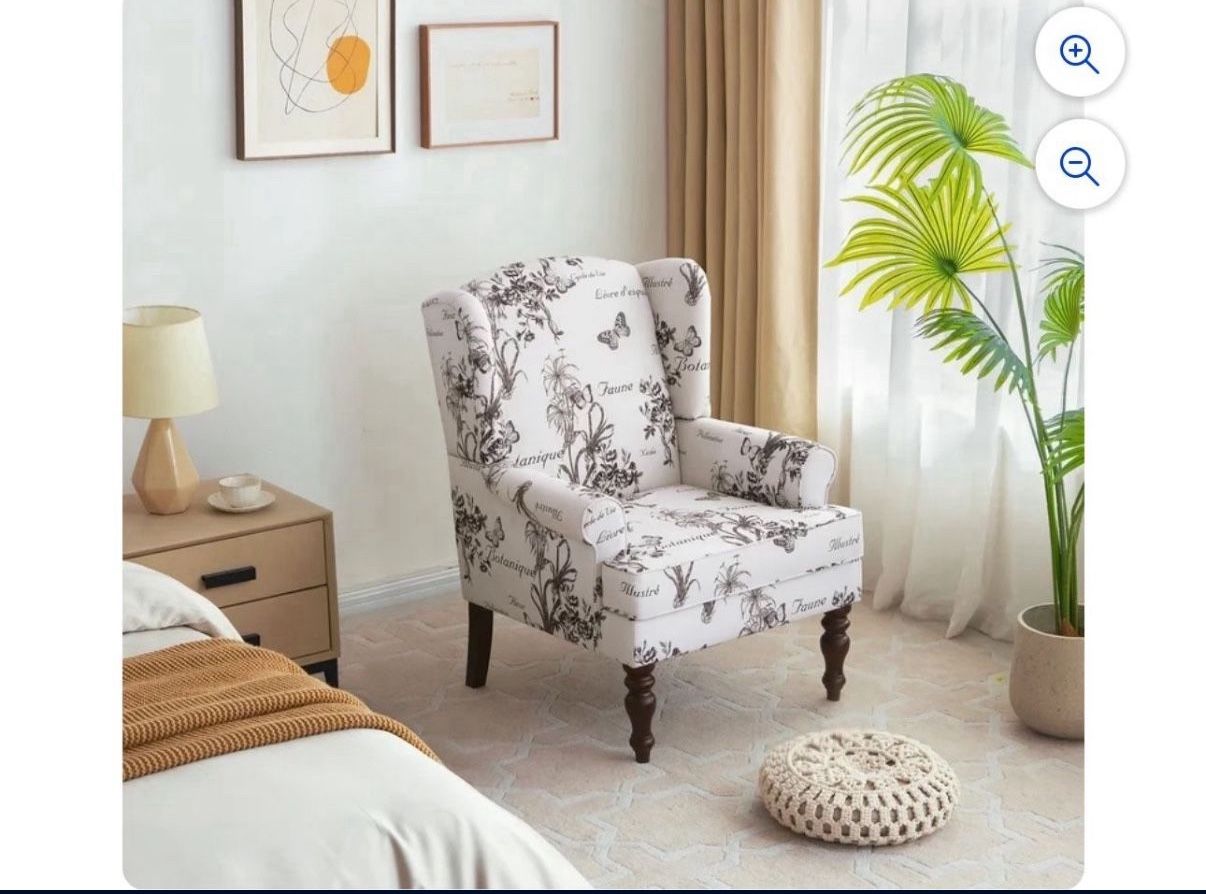 Wingback Accent Chair, Upholstered Mid Century Modern Armchair with Solid Wood Legs, Fabric Linen Leisure Single Sofa Chair for Living Room, Bedroom, 