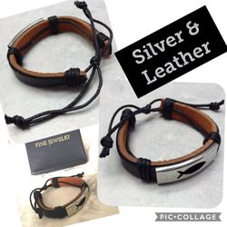 Leather & Silver adjustable ladies bracelet NEW
