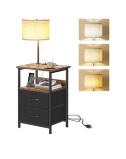 Bedside Table with 3 Color Temperature Reading Light, Nightstand with LED Light & Charging Station End Table with Adjustable Fabric Drawer for Bedroom