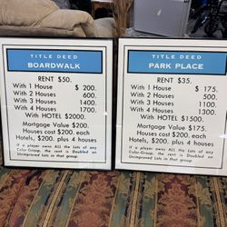 Vintage 1970 Framed Monopoly "Park Place" & "Boardwalk" Deeds Prints 24x21