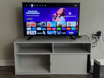 Grey Media Console TV Stand w Sliding Doors