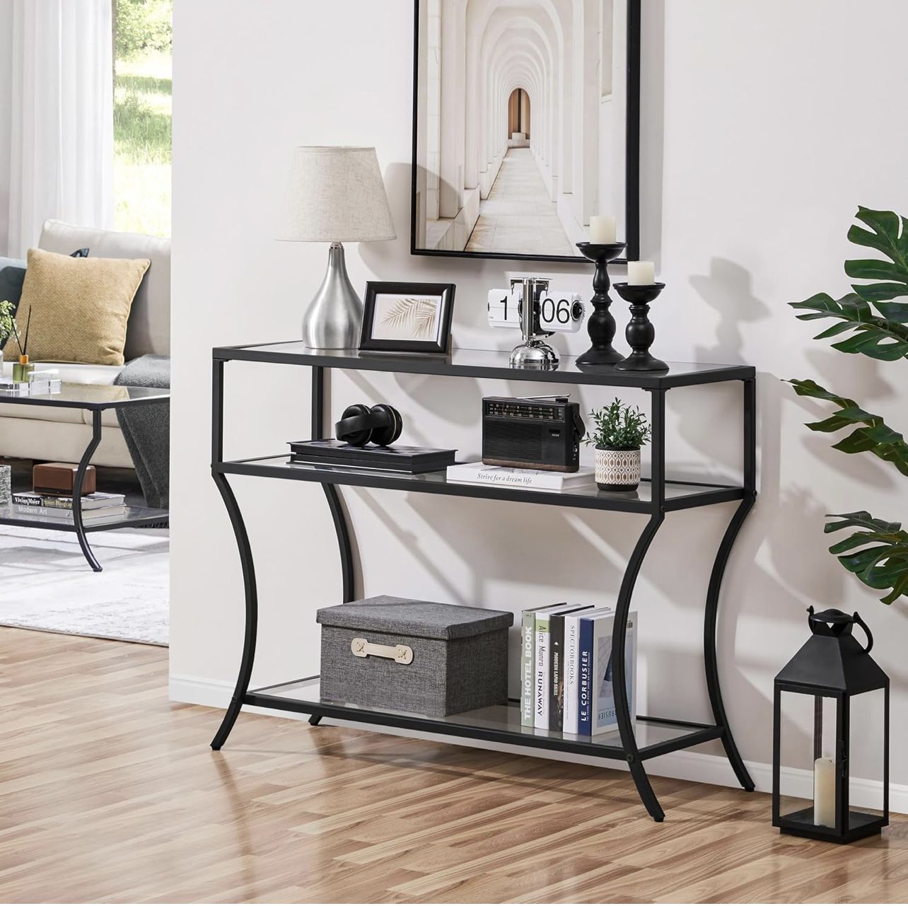 42 Inch Console Table, Narrow Sofa Side Table with 3 Tiers Storage Shelves for Living Room, Tempered Glass Entryway Table with Metal Frame for Bedroom