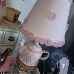 Unique Teapot Lamp with Pink Lace Shade