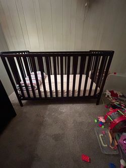 Dark Wood Baby Crib with Mattress