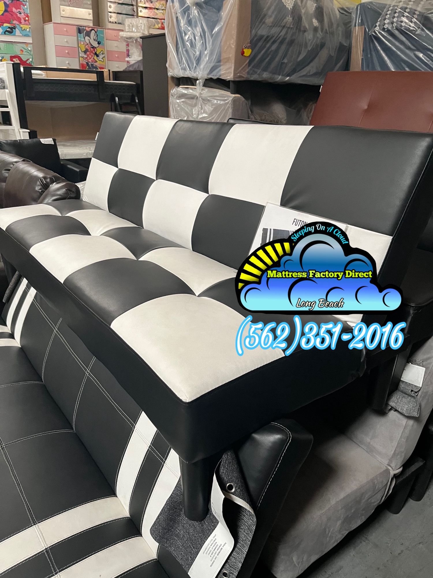 Leather Foldable Futon Black / White Sofa Bed